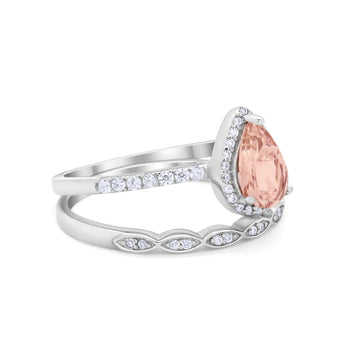 Art Deco Teardrop Piece Wedding Ring Simulated Morganite CZ 925 Sterling Silver